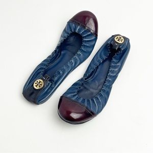 TORY BURCH Abbey Navy Blue Leather Burgundy Cap Toe Ballet Flats, Size 8.5
